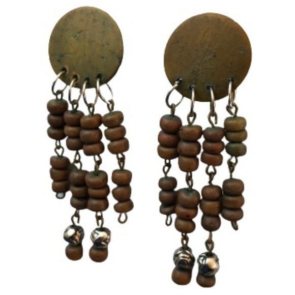 Vintage Brown Silver Wood Stud Dangle Earring - Picture 2 of 7